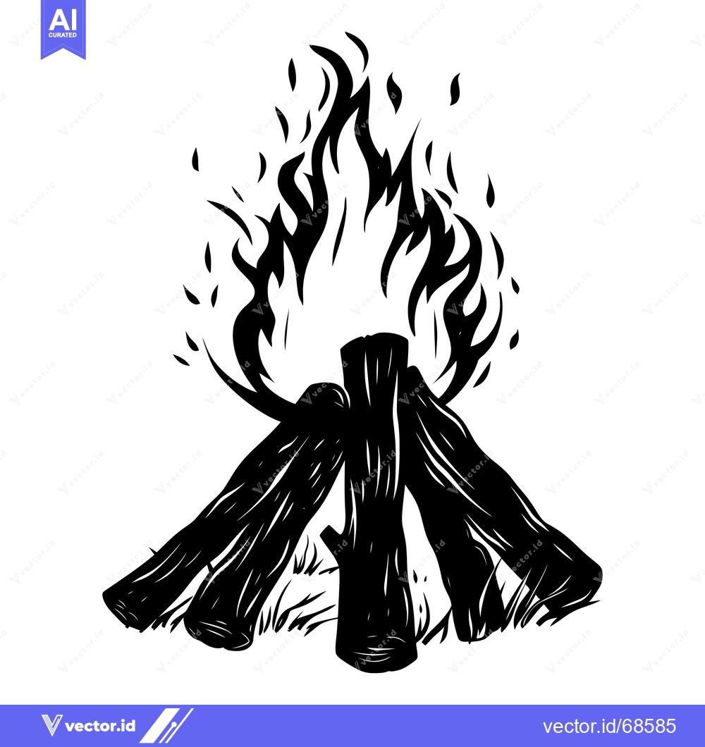 Premium Vector of Black and White Illustration of a Campfire with Flames