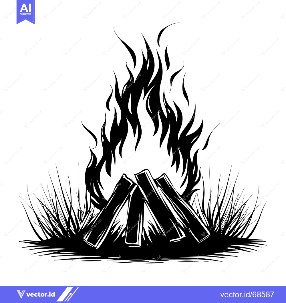 Premium Vector of A Black and White Illustration of a Campfire with Flames and Wood
