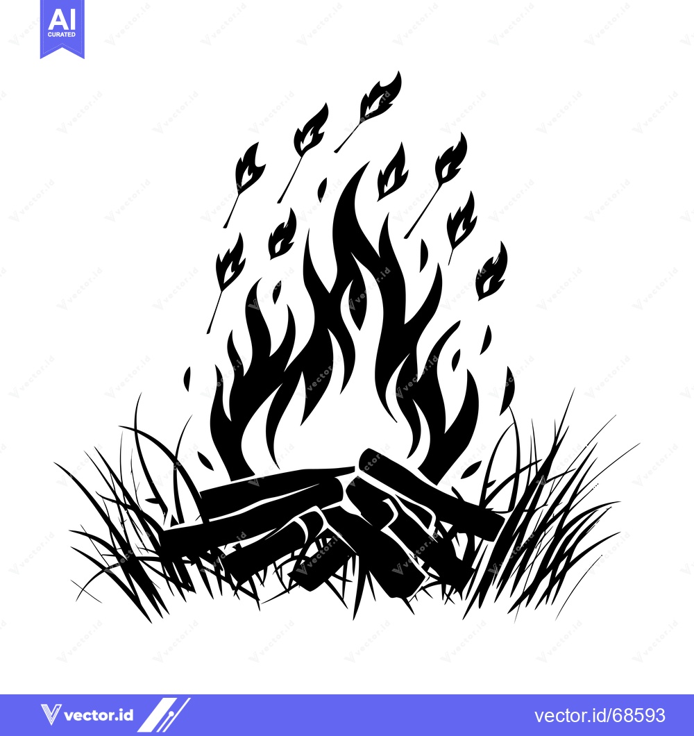 Premium Vector dari Black and white silhouette of a campfire with flames and grass