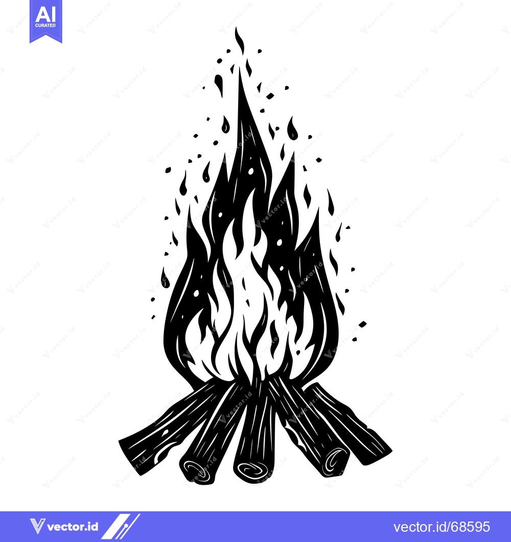 Premium Vector of Black and White Illustration of a Campfire with Flames and Logs