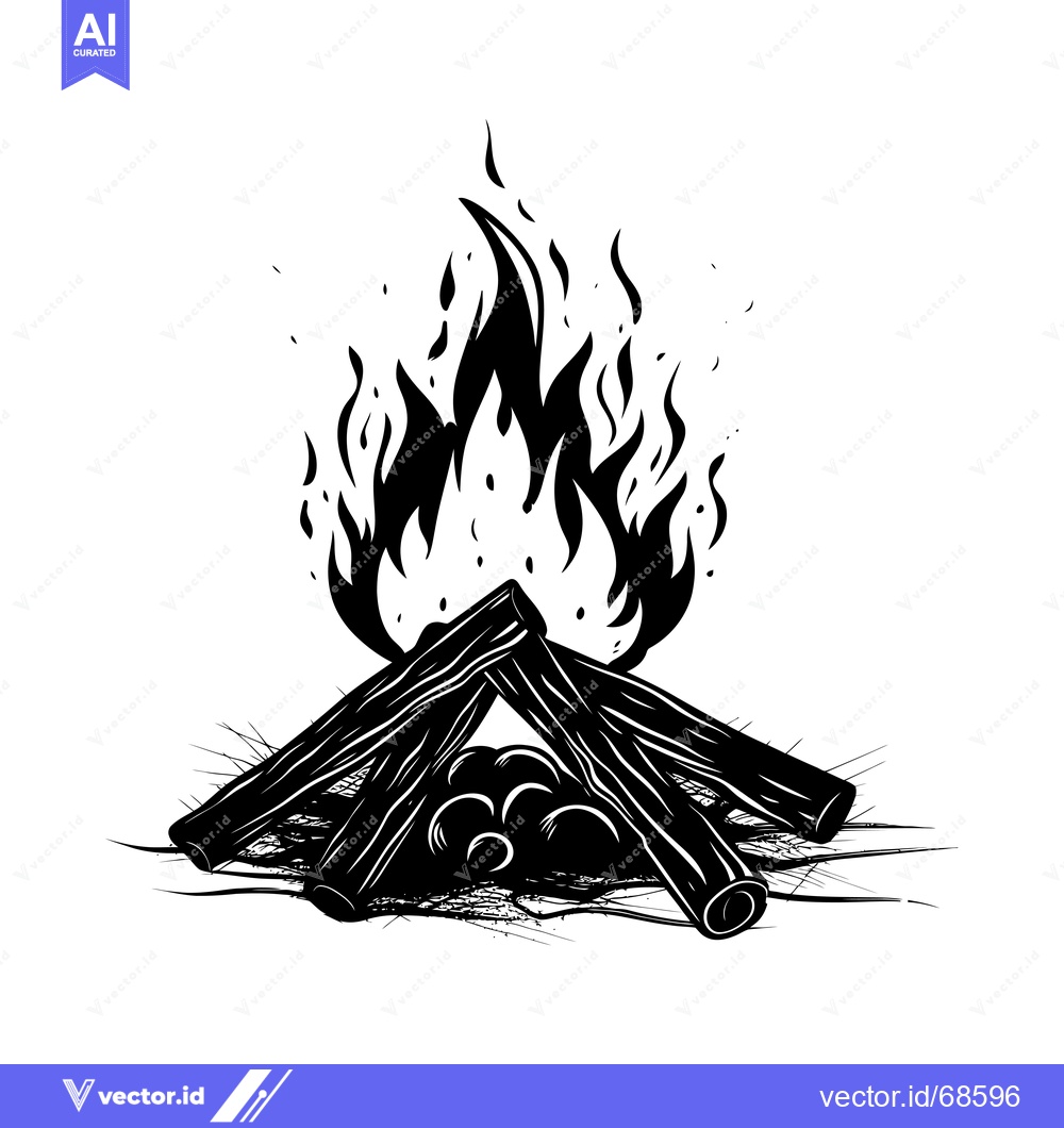 Premium Vector dari A Silhouetted Campfire with Flames Rising Above Logs