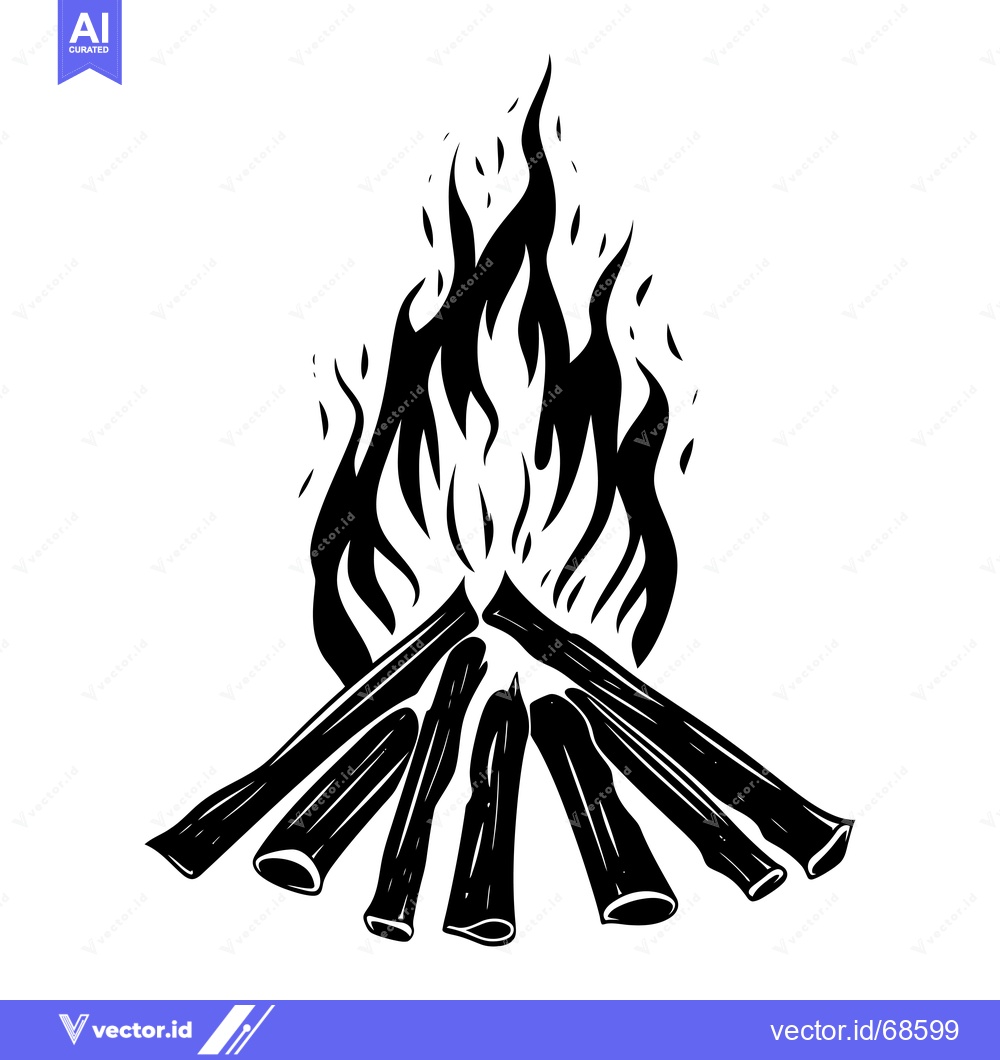 Premium Vector dari A campfire with five logs and stylized black flames.