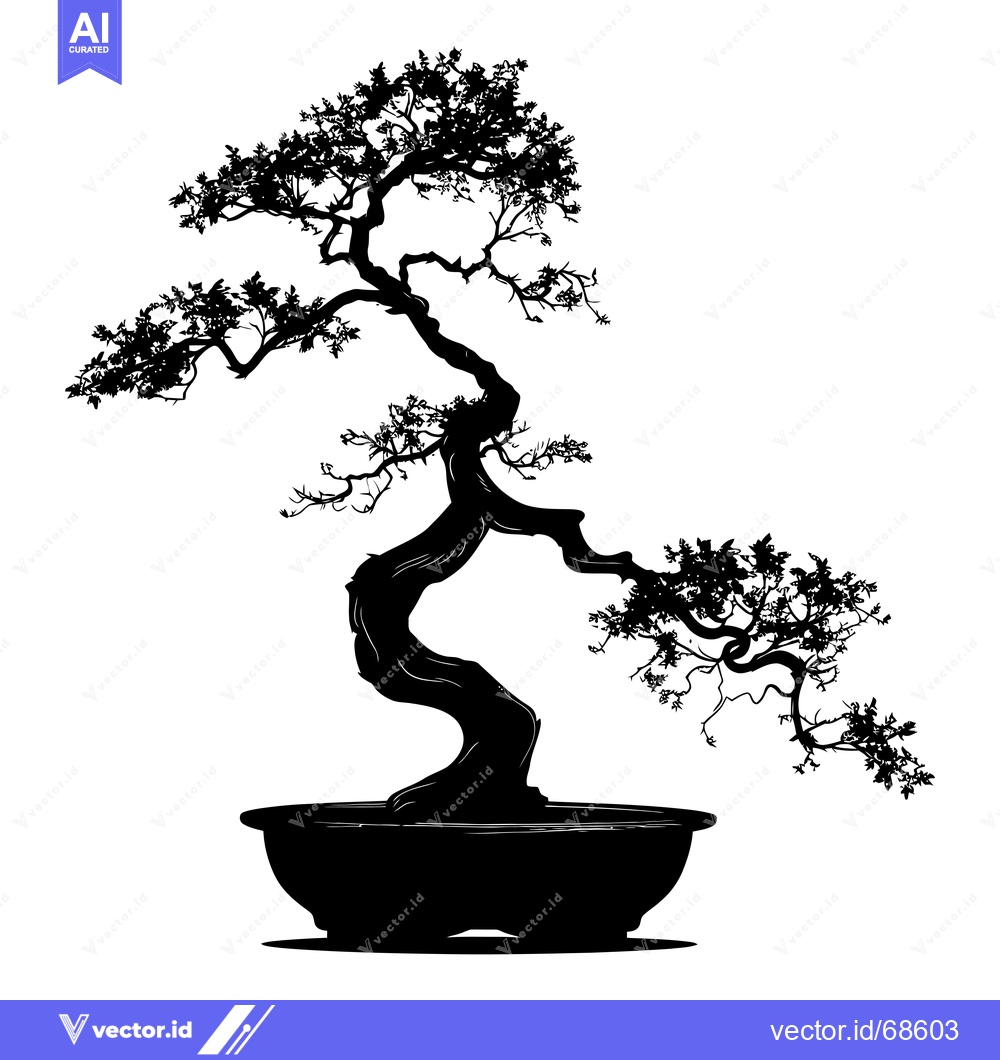 Premium Vector dari Black and White Silhouette of a Bonsai Tree in a Pot