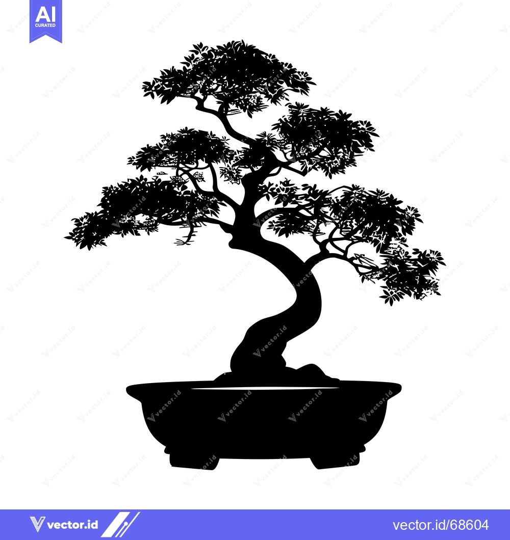 Premium Vector dari Black and White Silhouette of a Bonsai Tree in a Pot