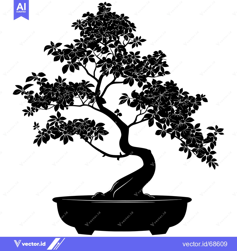 Premium Vector of Black and white silhouette of a bonsai tree in a pot
