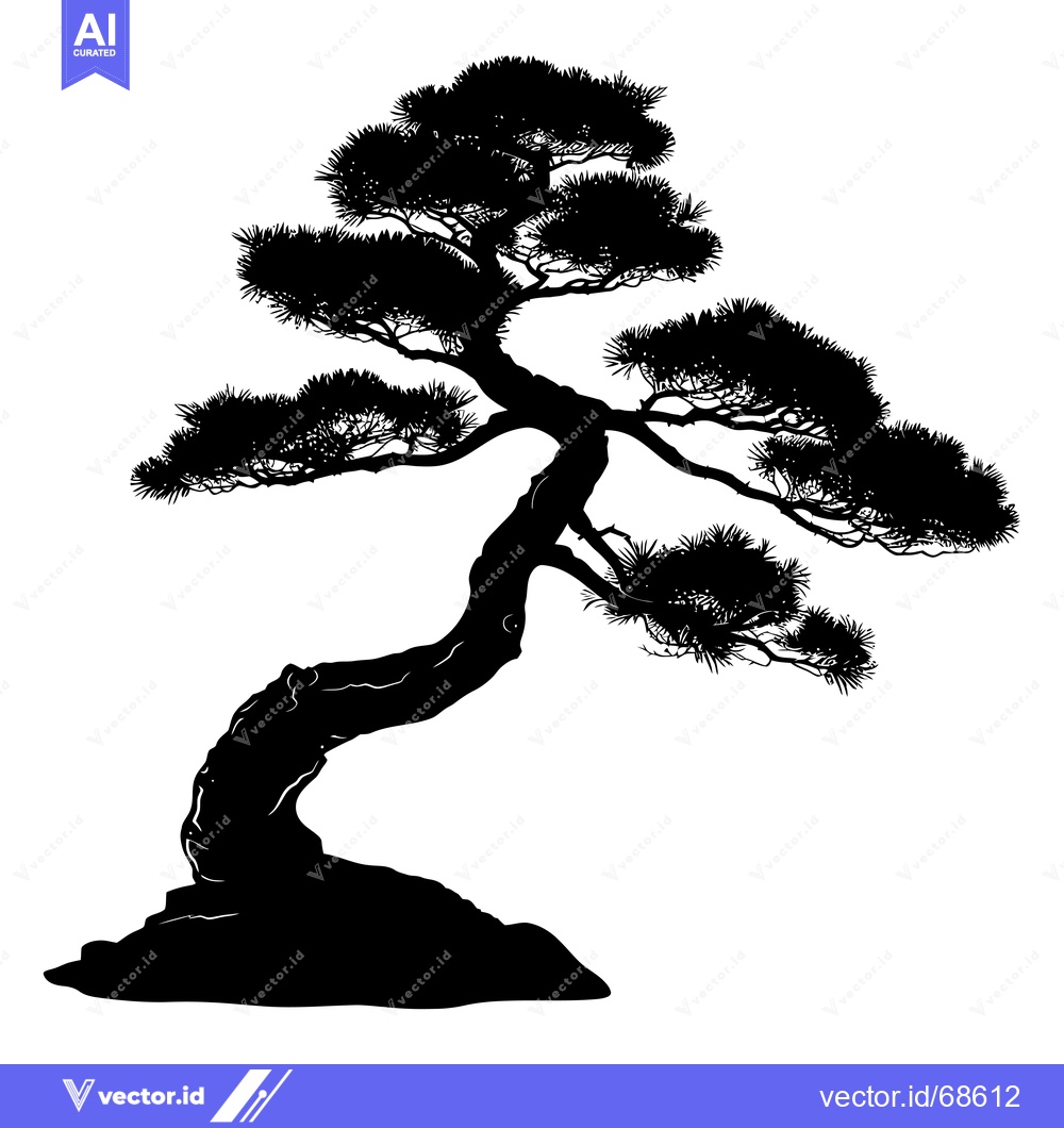 Premium Vector of Black and White Silhouette of a Bonsai Tree with Twisted Trunk