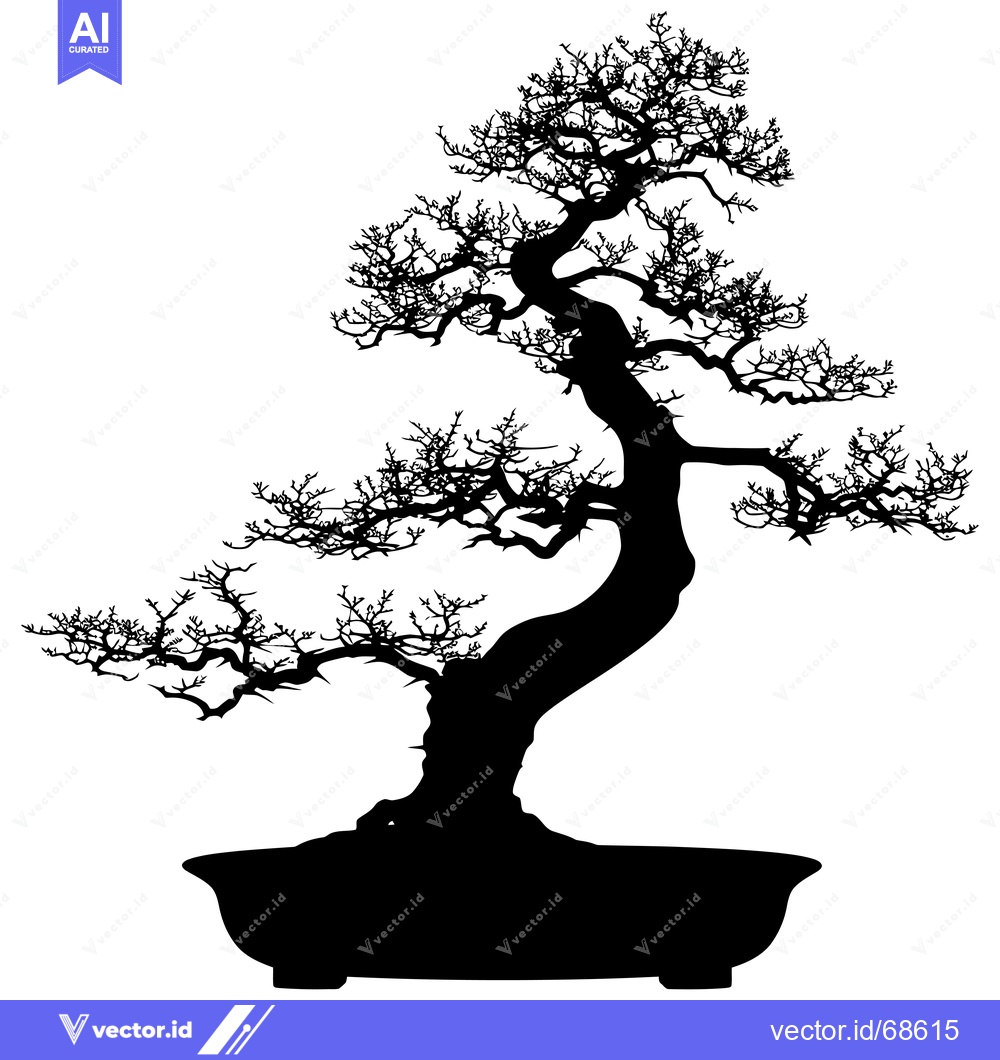 Premium Vector of Black and White Silhouette of a Bonsai Tree with a Curved Trunk