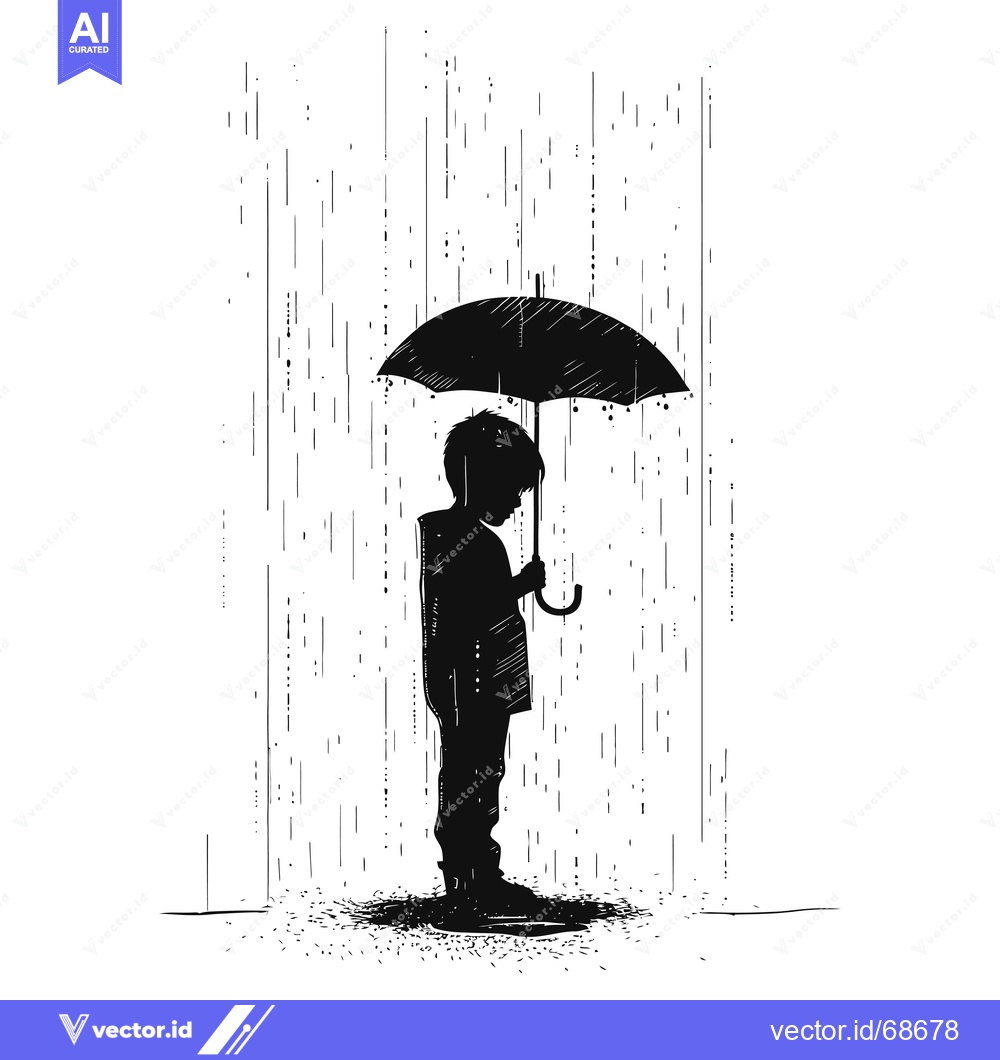 Premium Vector of Silhouette of a Child Standing Alone in the Rain with an Umbrella