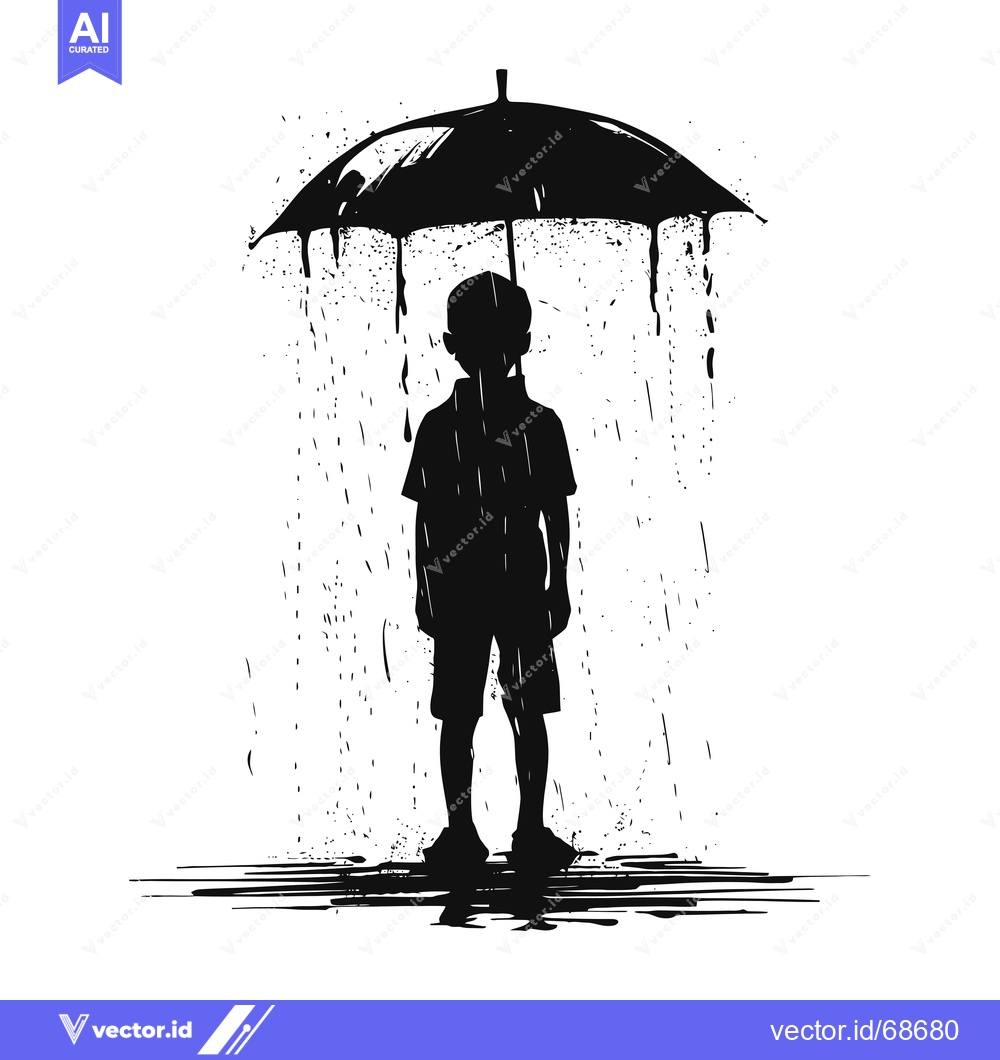 Premium Vector dari Silhouette of a Boy Standing in the Rain, Holding a Leaky Umbrella