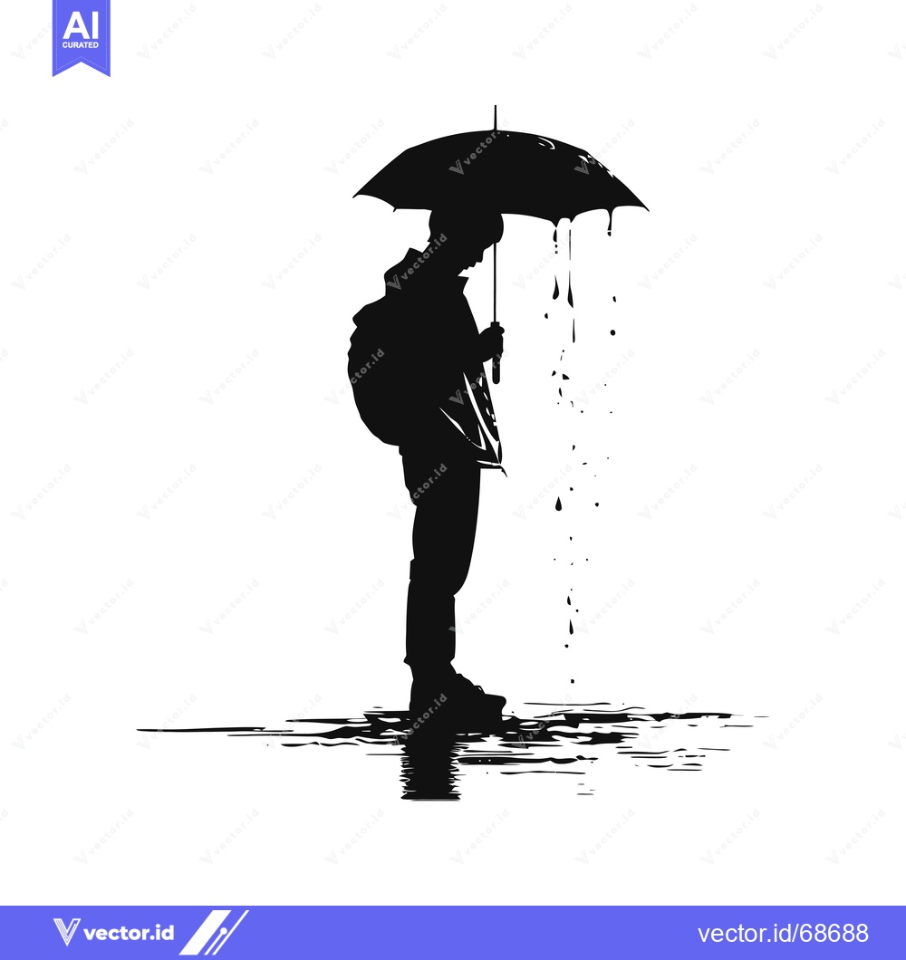 Premium Vector dari Silhouette of a Person Holding an Umbrella with Rain Droplets Falling