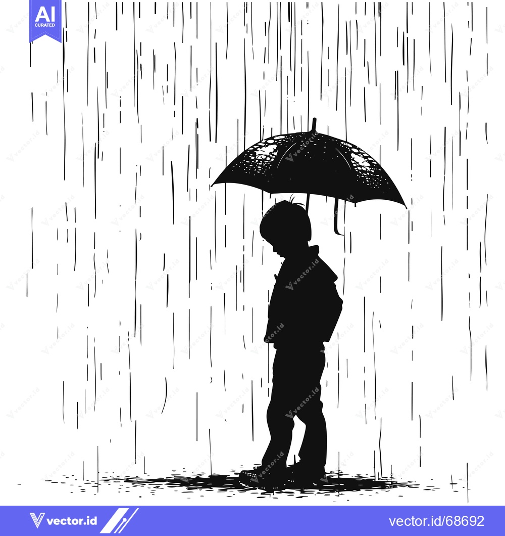 Premium Vector dari Silhouette of a Child Standing in the Rain with an Umbrella