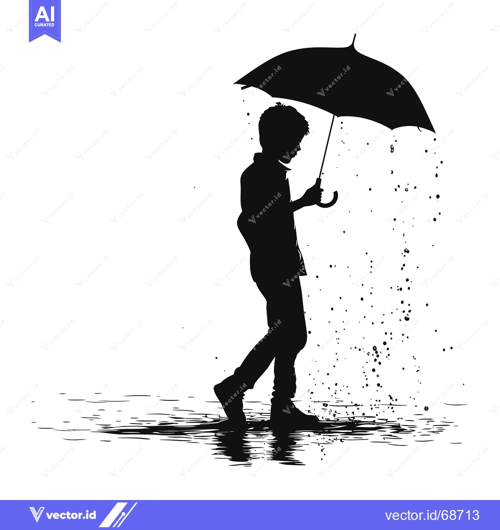 Premium Vector dari Silhouette of a Boy Walking Through Rain with an Umbrella