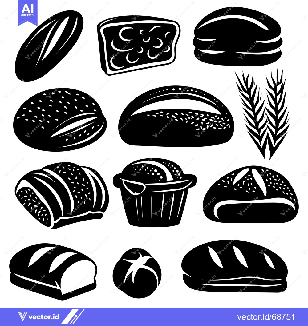 Premium Vector of Black and White Illustrations of Various Breads and a Wheat Ear