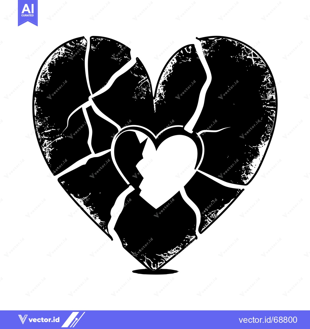 Premium Vector dari A Distressed Black and White Broken Heart with a Smaller Heart Inside