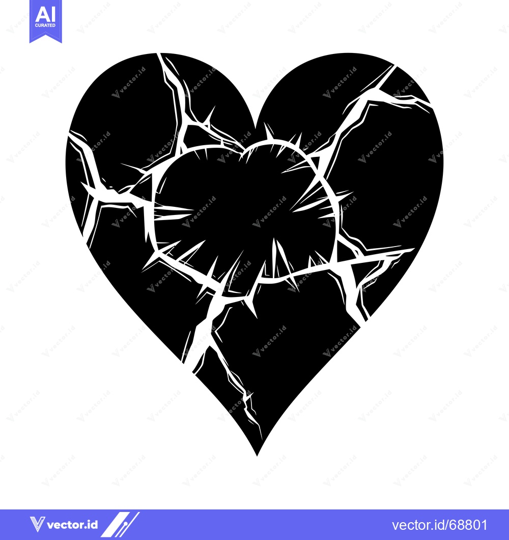 Premium Vector dari A black and white silhouette of a heart cracked and broken in the midd