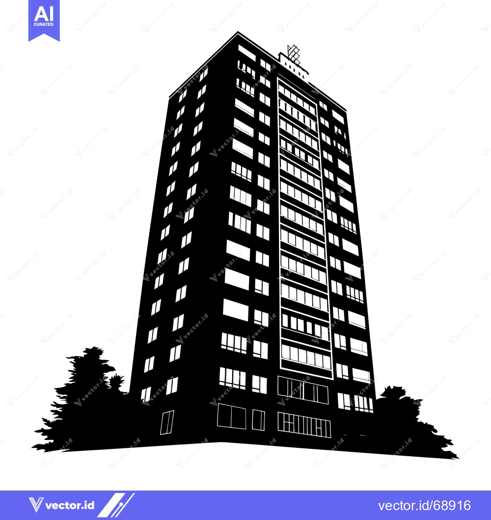 Premium Vector dari Black and White Silhouette of a Tall Building with Windows