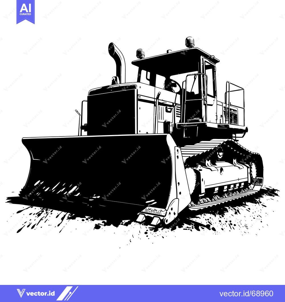 Premium Vector of Black and White Illustration of a Bulldozer
