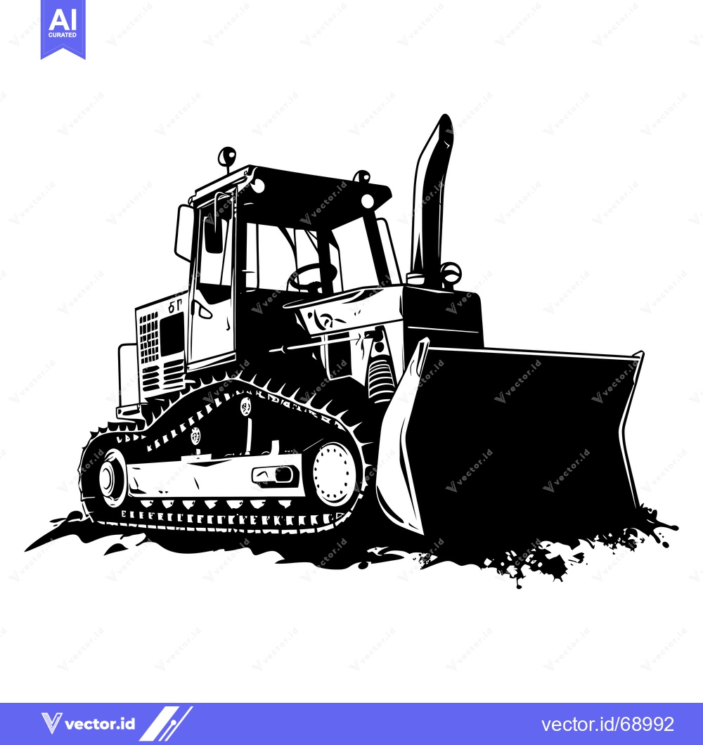 Premium Vector of Black and White Illustration of a Bulldozer with Tracks