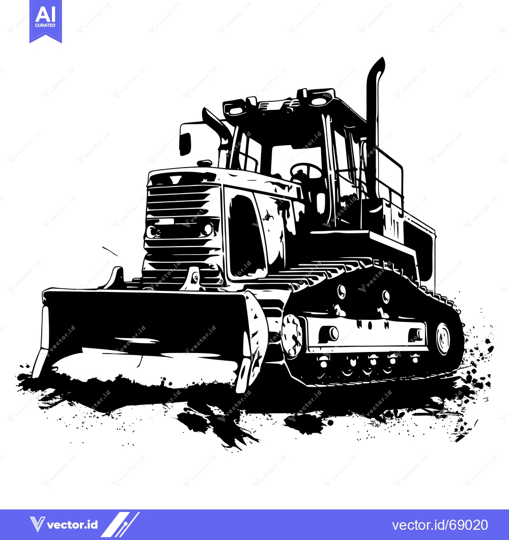 Premium Vector of Black and White Illustration of a Powerful Tractor with Tracks and a L