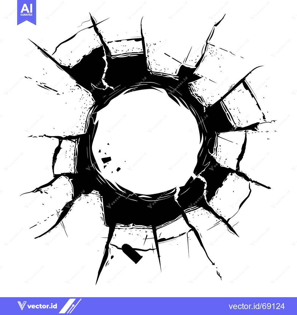 Premium Vector of Black and white illustration of a circular hole in a cracked surface