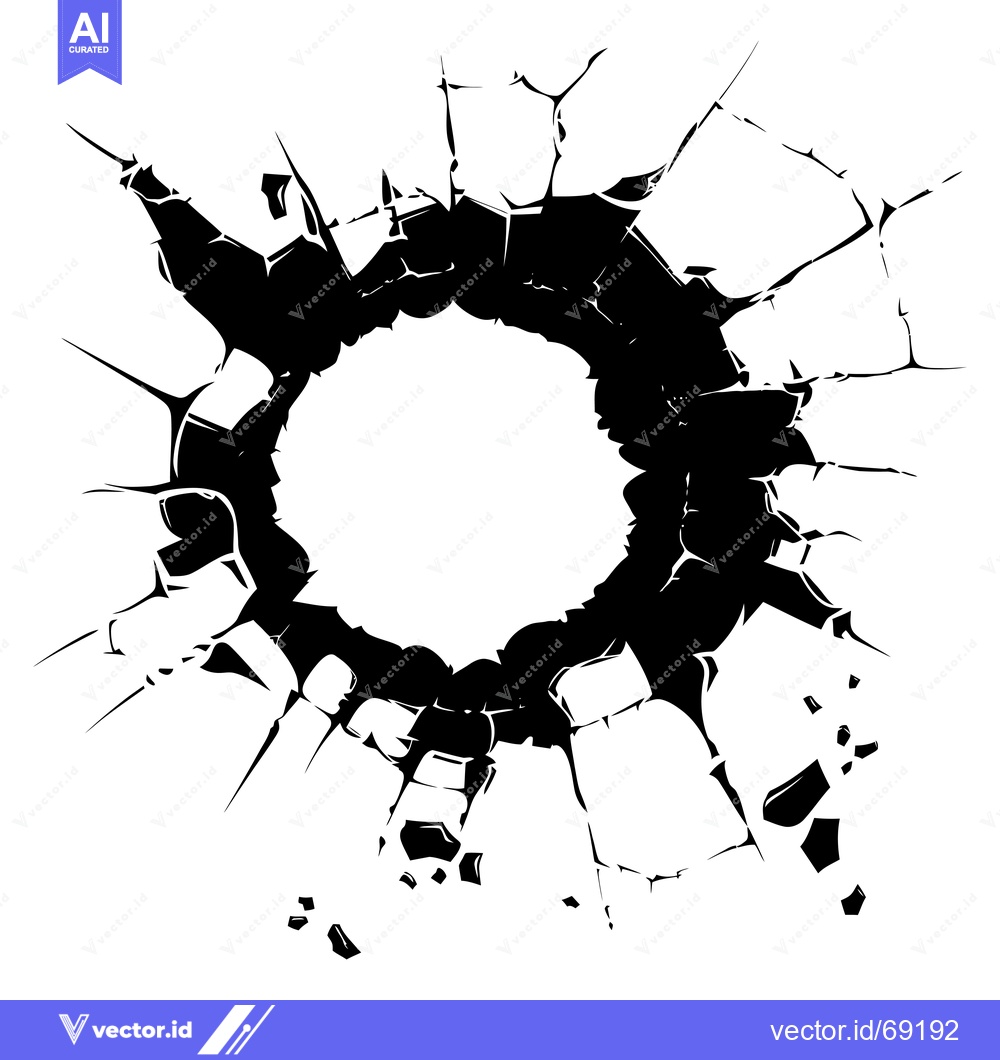 Premium Vector of A Black and White Image Depicting a Circular Hole in a Shattered Surfa