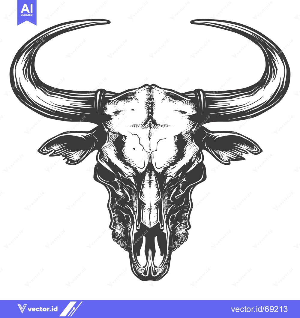 Premium Vector dari Detailed Black and White Illustration of a Bull Skull
