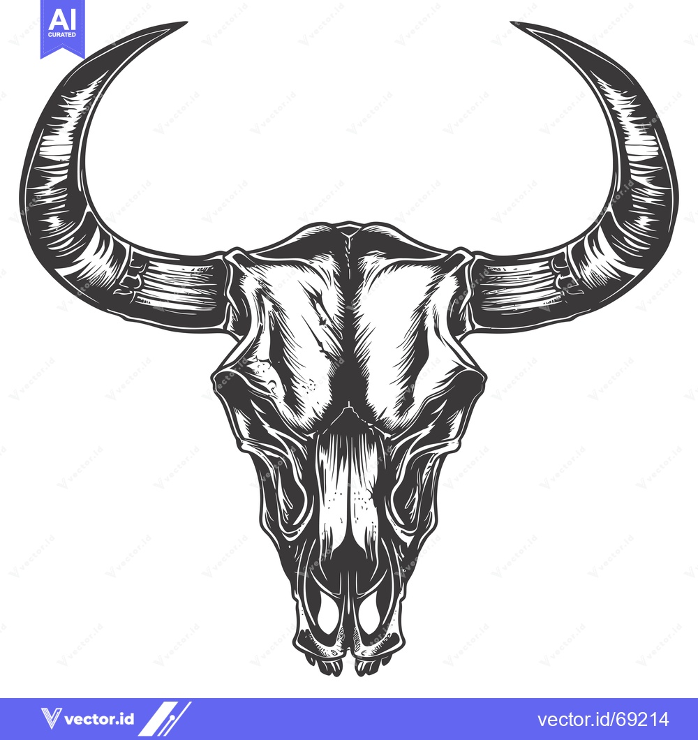 Premium Vector of Detailed Black and White Illustration of a Bull Skull with Large Horns