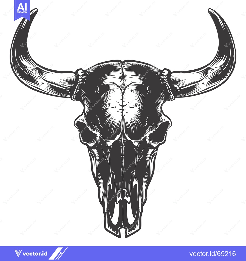 Premium Vector dari A Detailed Black and White Illustration of a Bull Skull
