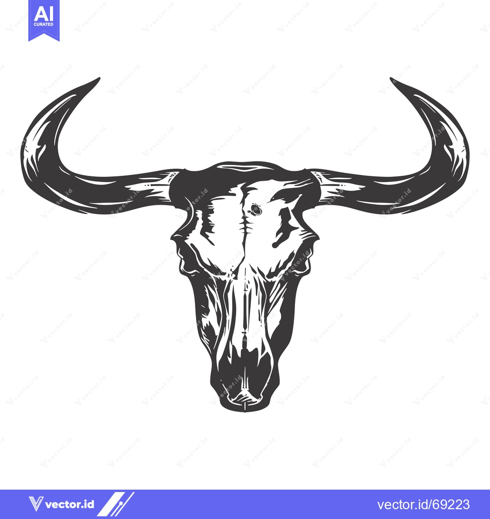 Premium Vector dari Black and White Illustration of a Bull Skull with Large Horns