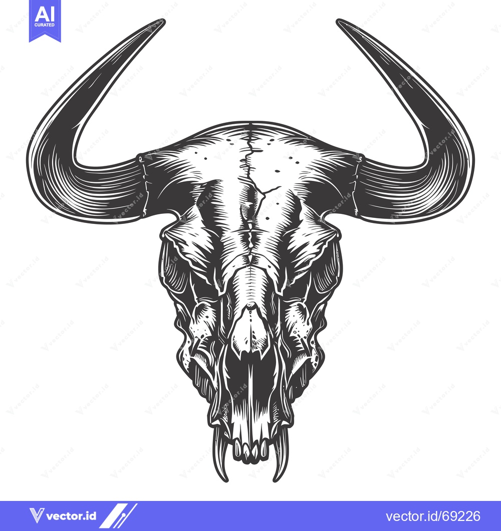 Premium Vector dari Detailed Monochrome Illustration of a Bull Skull with Large Horns