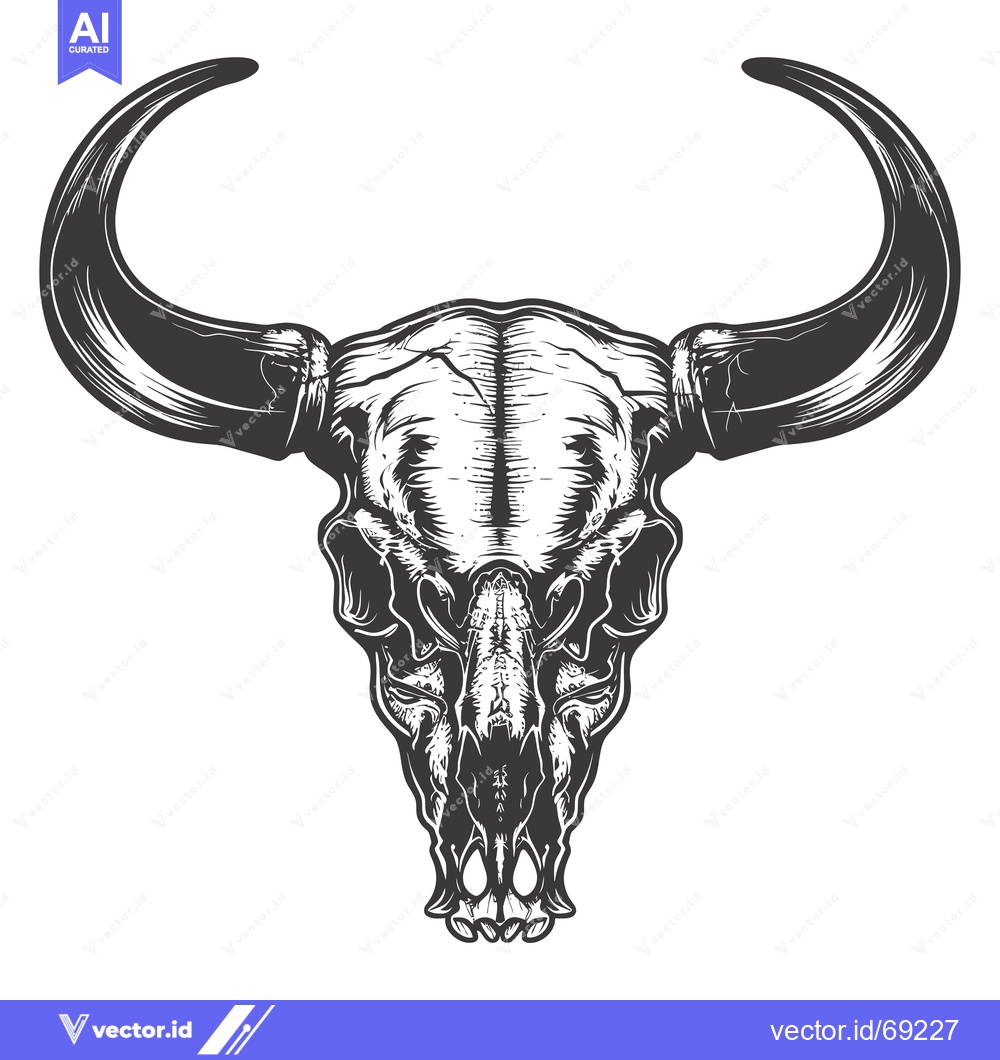 Premium Vector of Black and White Illustration of a Bull Skull with Long Horns