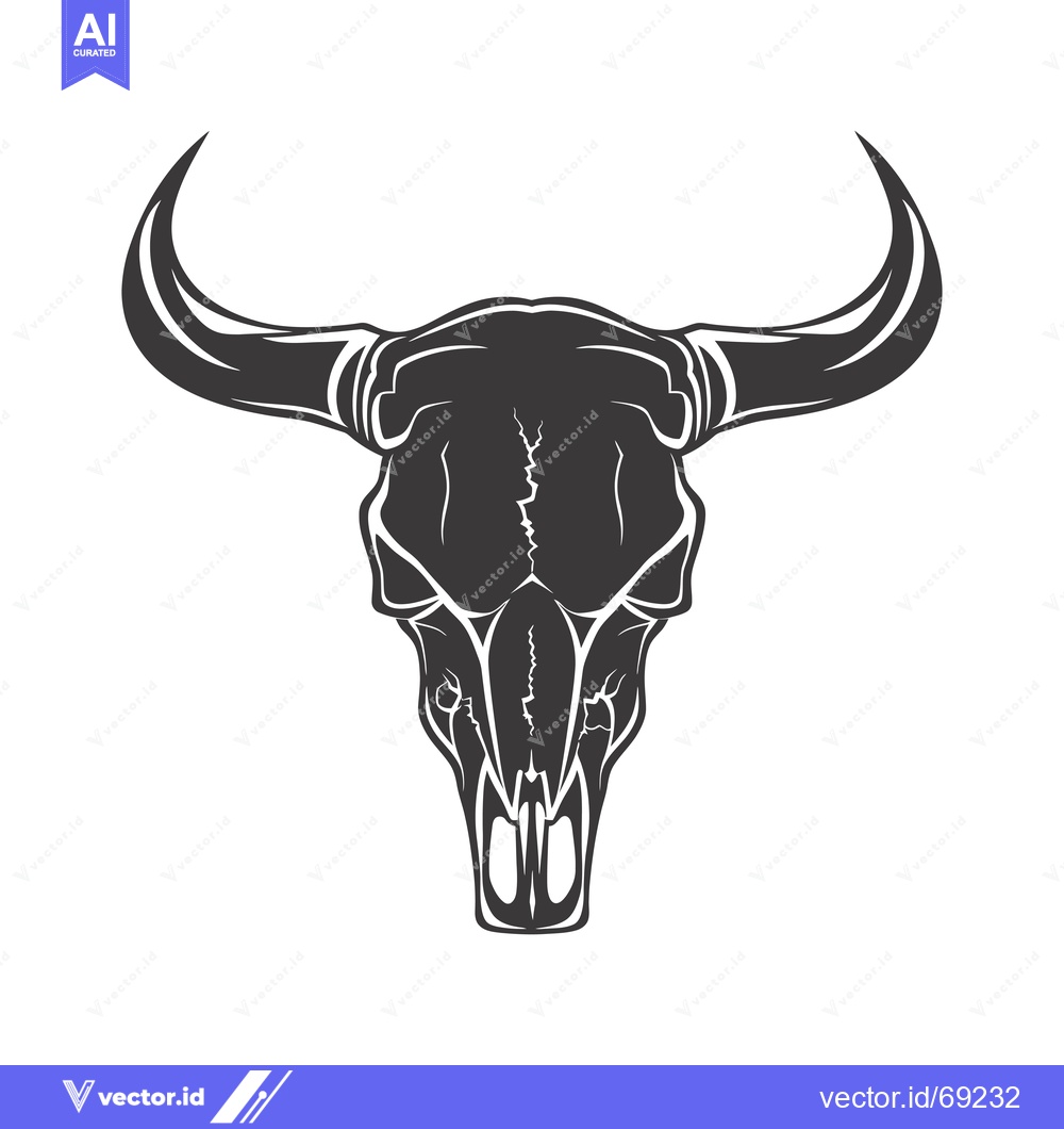 Premium Vector dari A Black and White Stylized Illustration of a Bull Skull with Long Horn