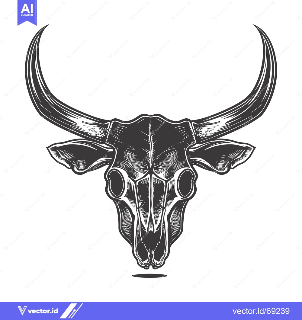 Premium Vector dari Detailed Black and White Illustration of a Bull Skull with Horns