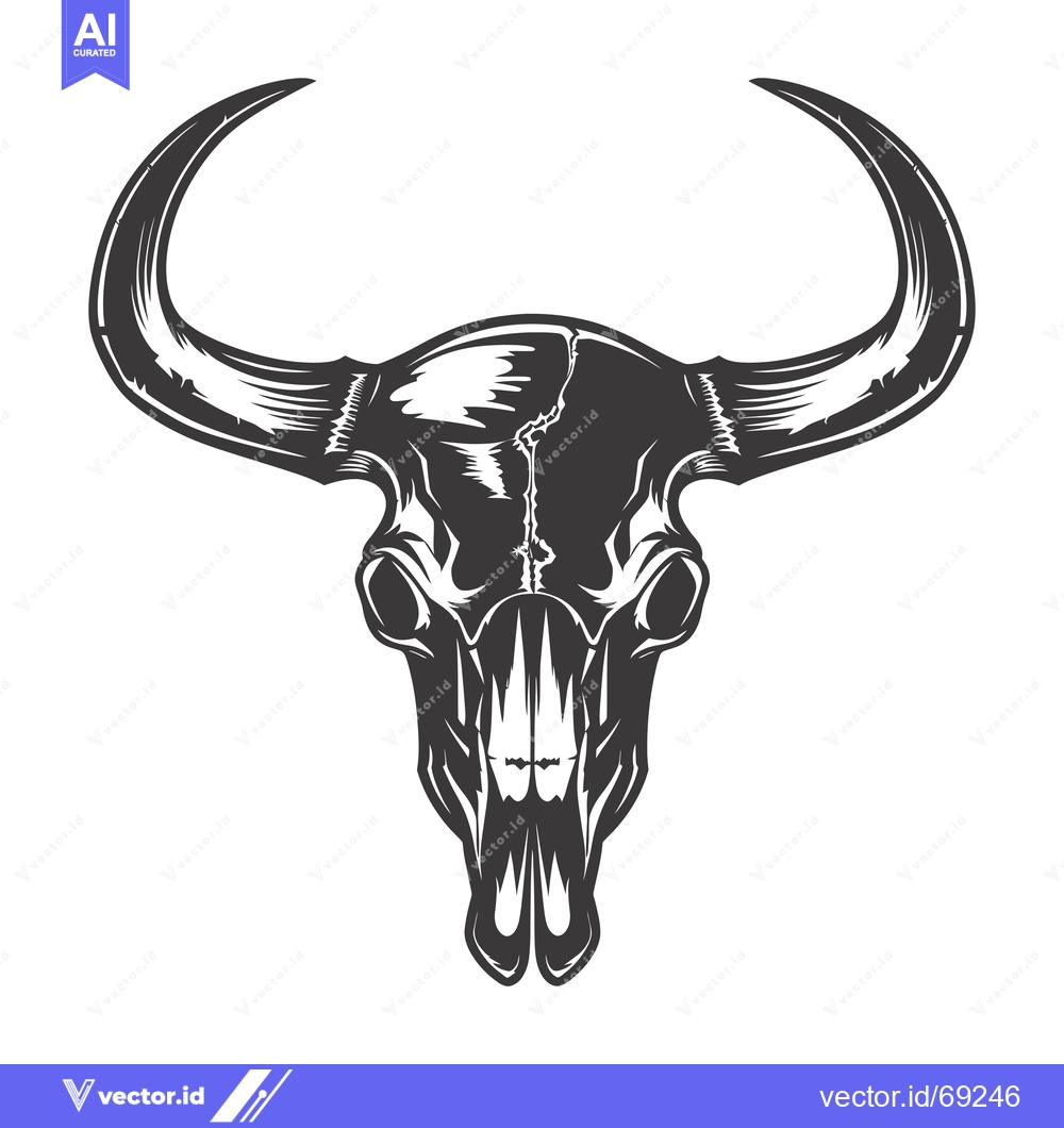 Premium Vector dari Detailed Black and White Illustration of a Bull Skull with Curved Horn