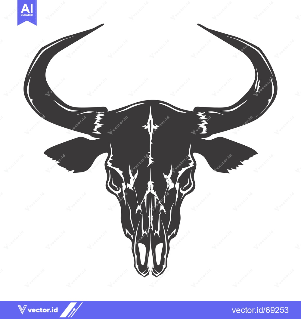 Premium Vector of Black and white illustration of a bull skull with large horns