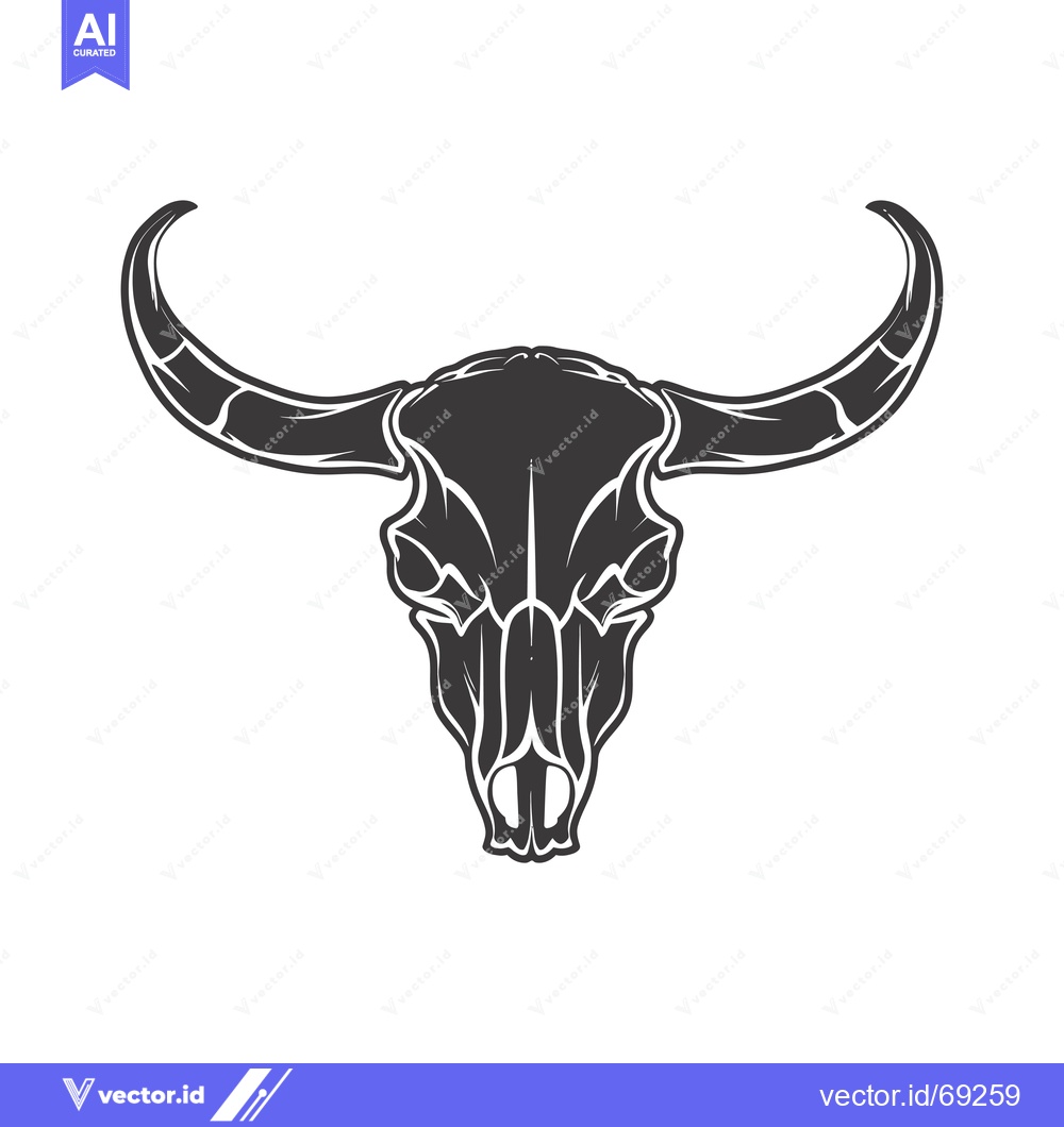 Premium Vector dari Detailed Black and White Bull Skull Illustration