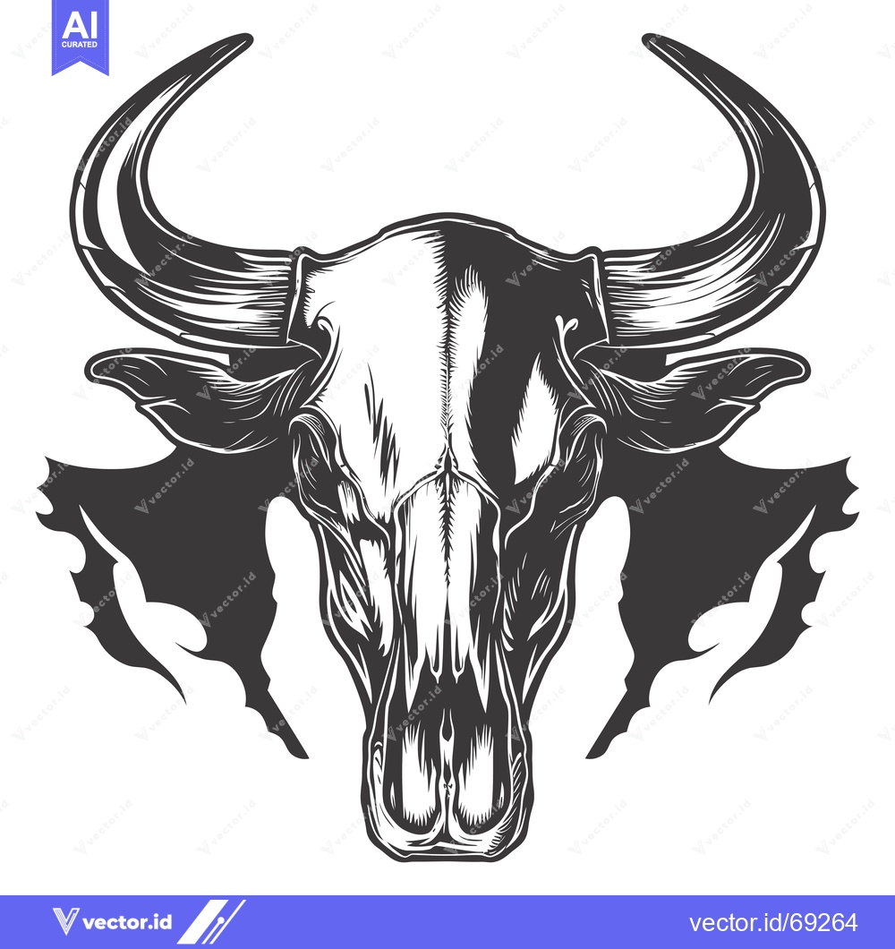 Premium Vector of Black and White Illustration of a Bull Skull with Large Horns