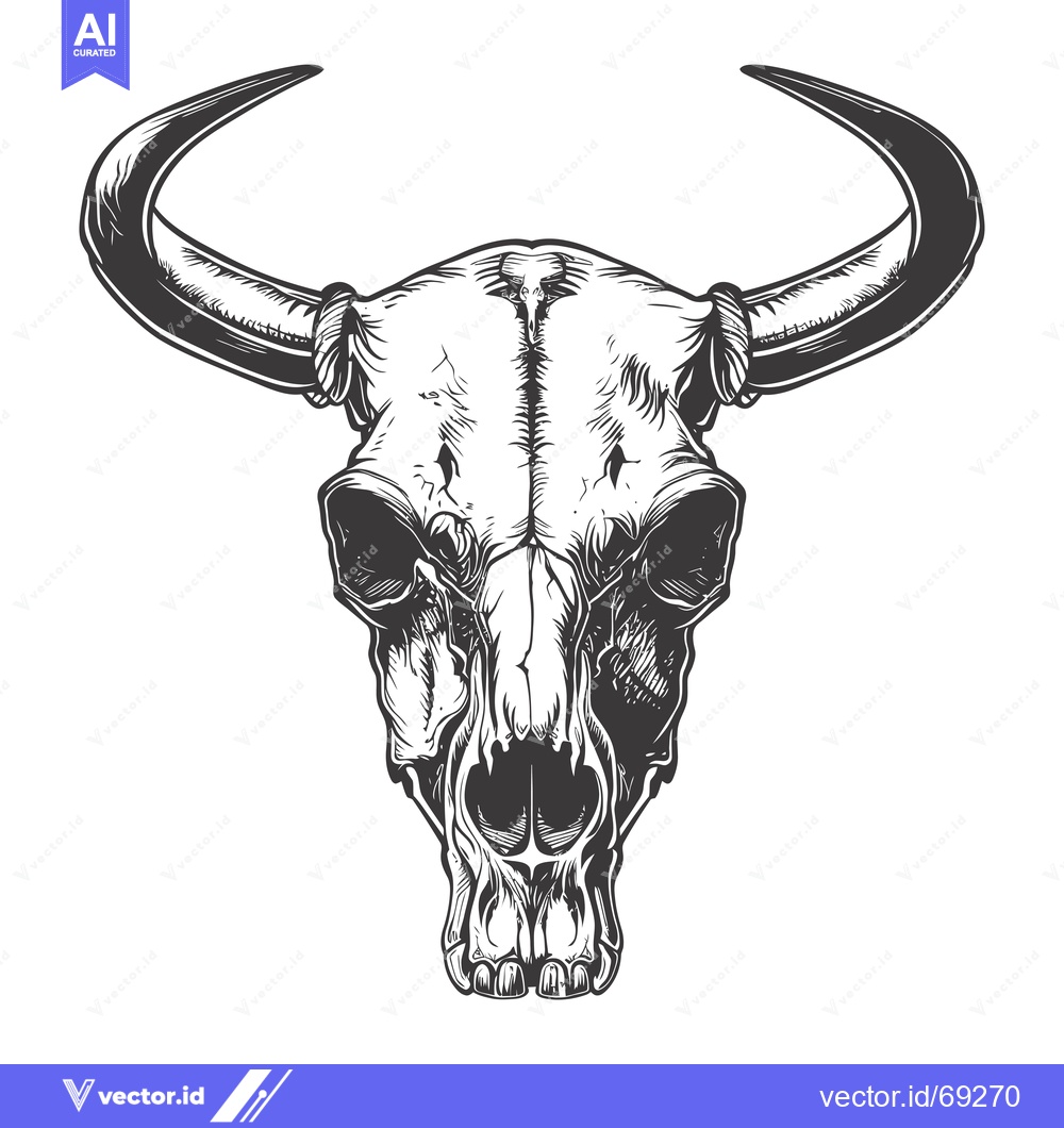 Premium Vector of Detailed Black and White Illustration of a Bull Skull