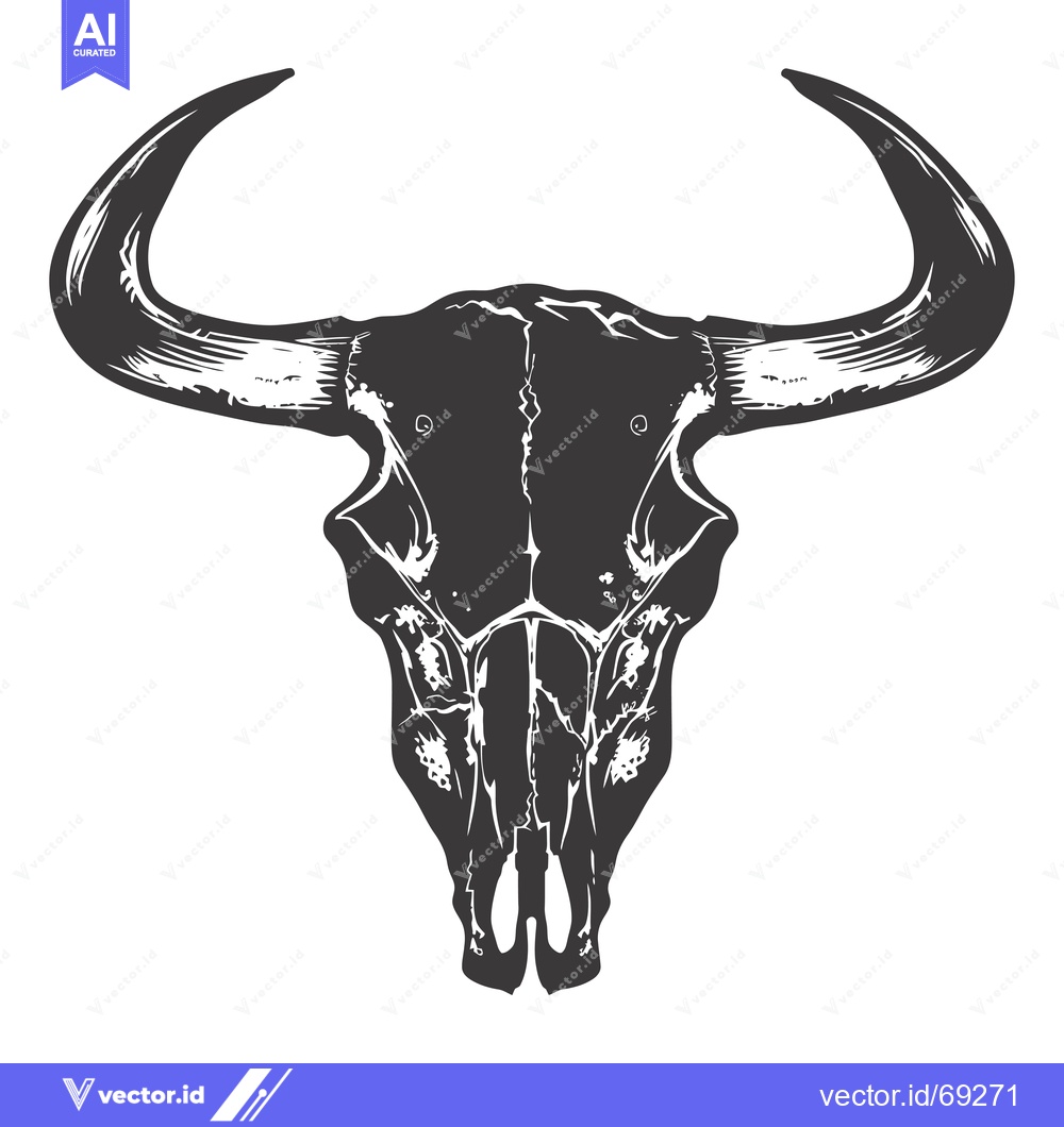 Premium Vector dari Black and White Illustration of a Bull Skull with Curved Horns