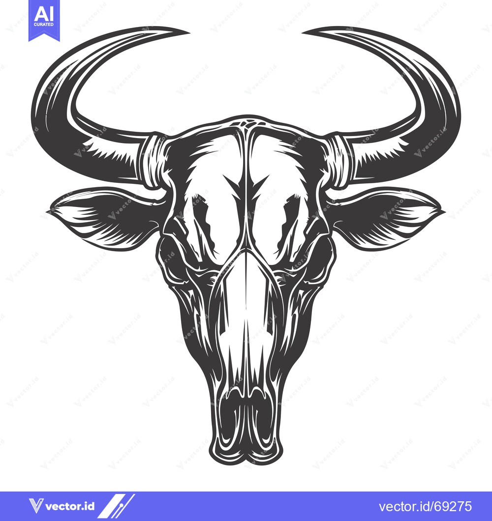 Premium Vector dari A detailed illustration of a bull's skull with large horns.