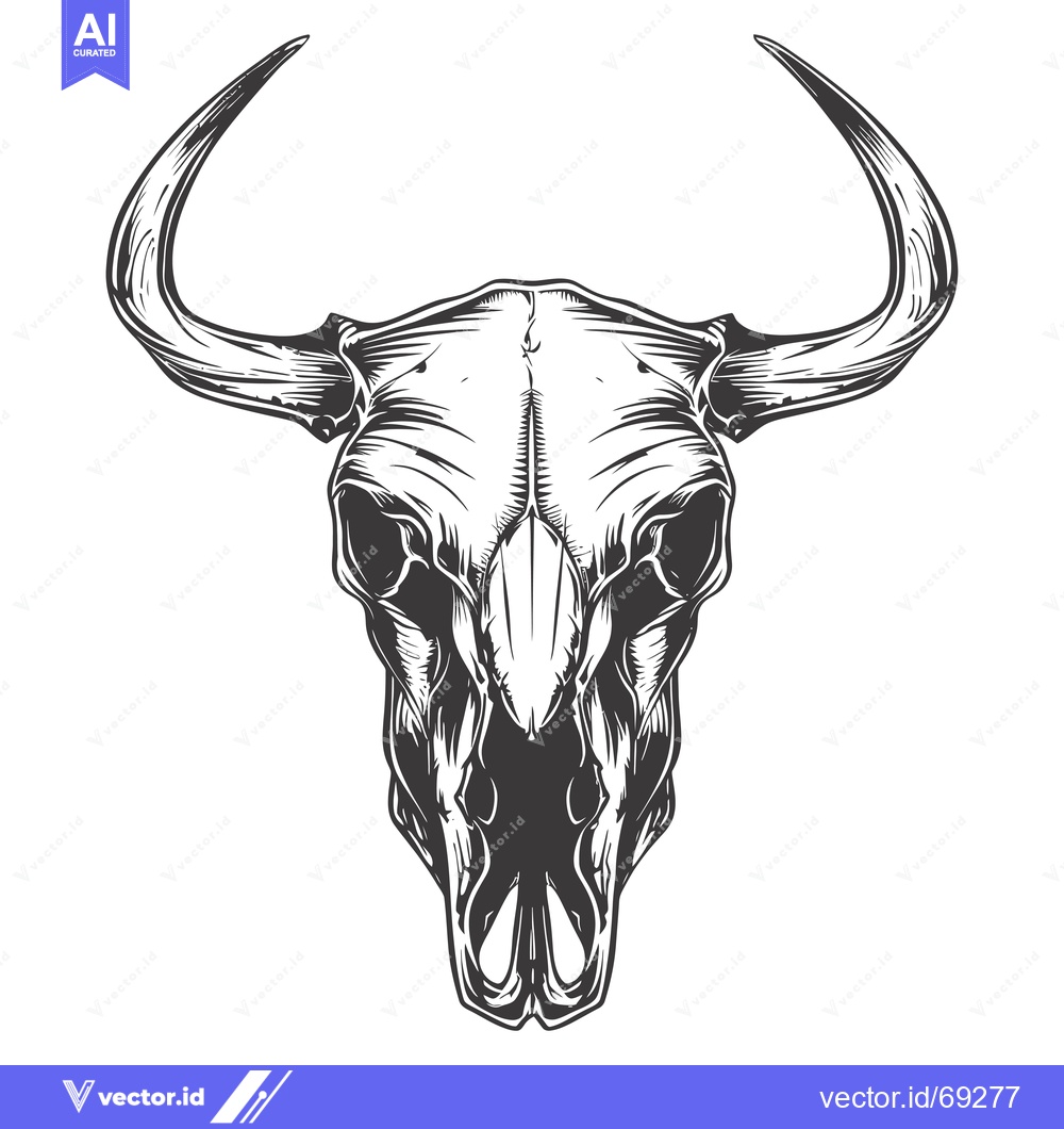 Premium Vector of A detailed black and white illustration of a bull skull with large hor