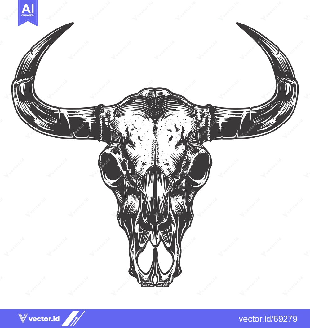 Premium Vector of Detailed Black and White Illustration of a Bull Skull with Large Horns
