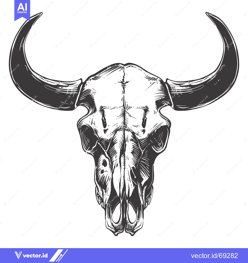 Premium Vector dari A Detailed Drawing of a Bull Skull with Large Horns
