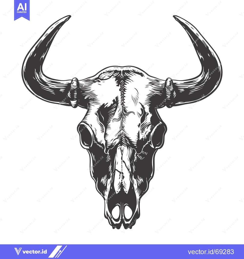 Premium Vector dari Detailed Hand-Drawn Illustration of a Bull Skull with Large Horns