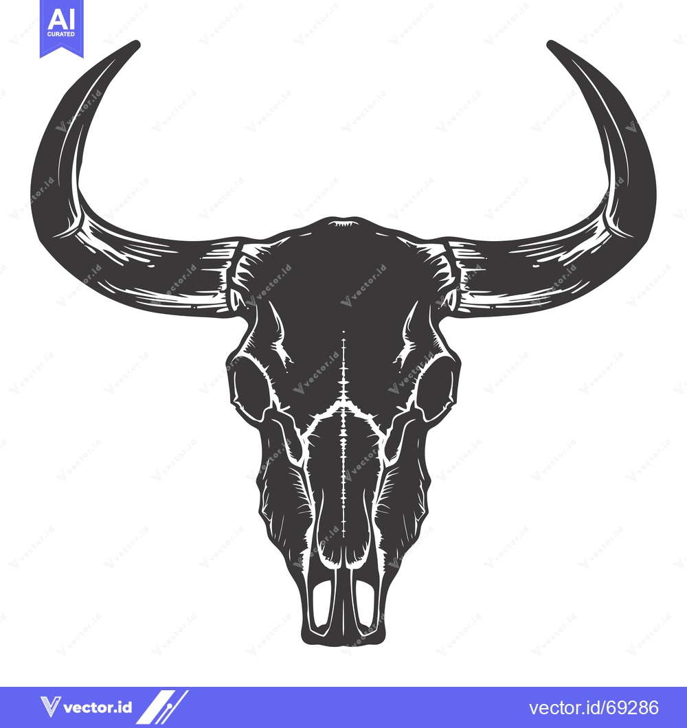 Premium Vector of Black and White Illustration of a Bull Skull with Horns