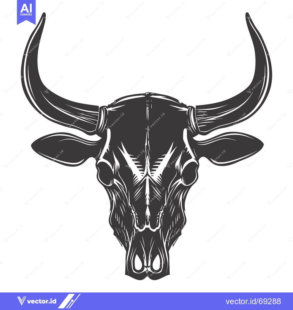 Premium Vector dari Black and white illustration of a bull skull with large horns