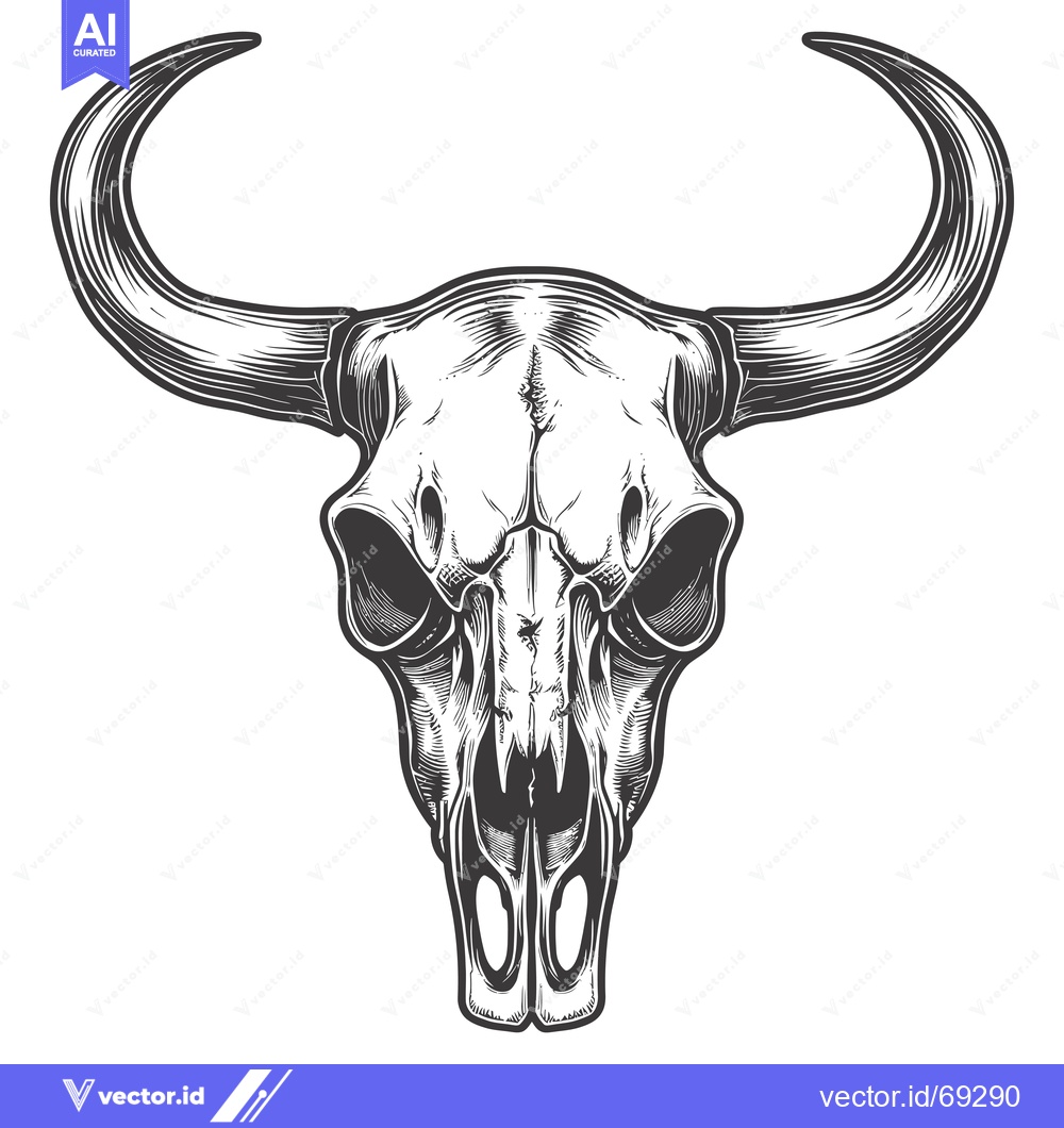 Premium Vector dari A detailed, stylized, black and white drawing of a bull's skull