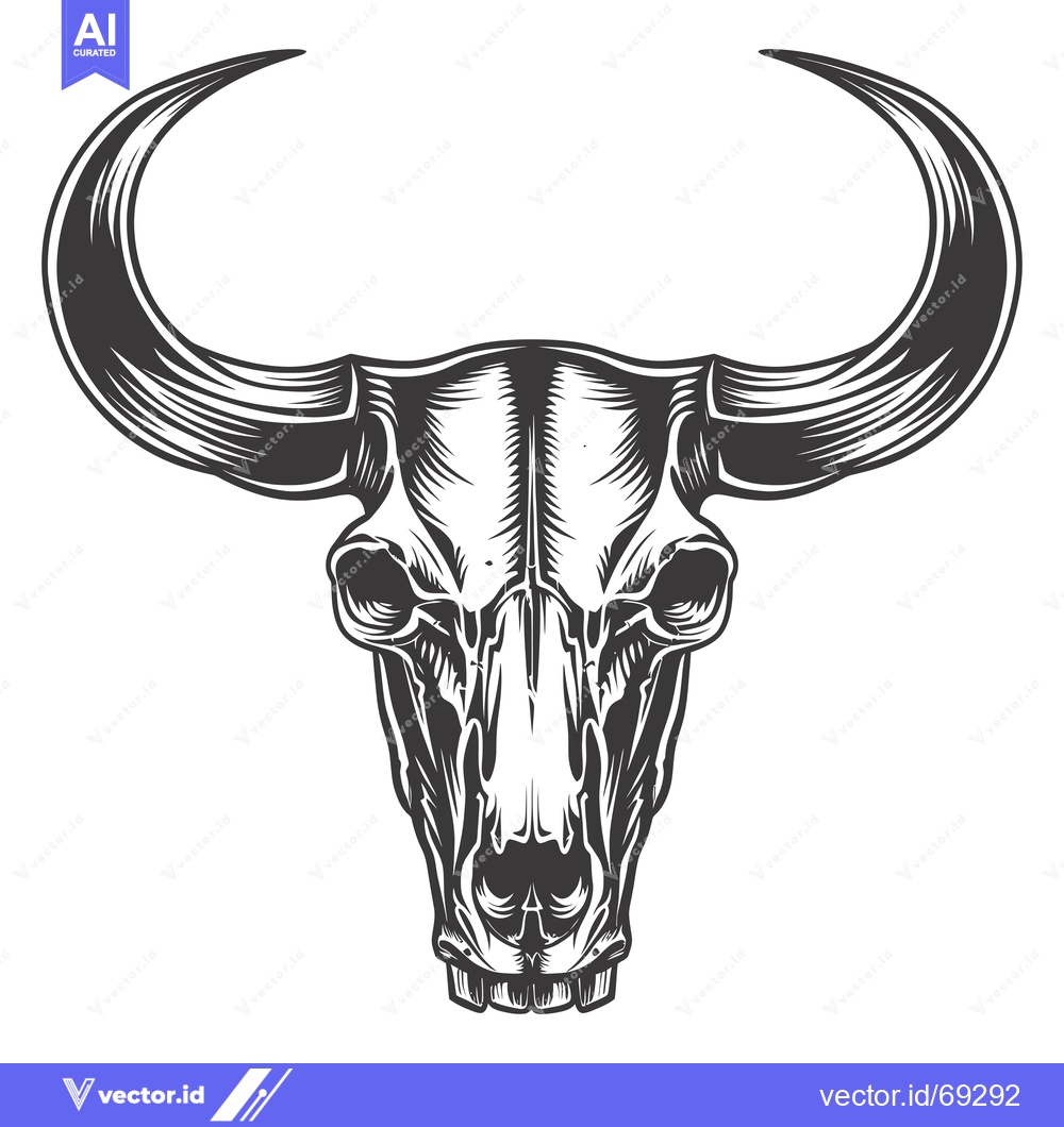 Premium Vector dari Detailed black and white illustration of a bull skull with large horns