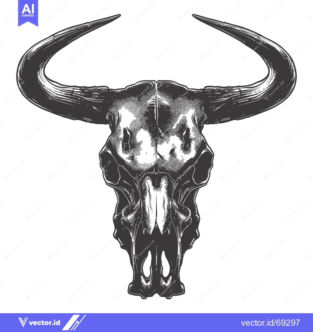 Premium Vector dari Detailed Black and White Illustration of a Bull Skull with Curved Horn