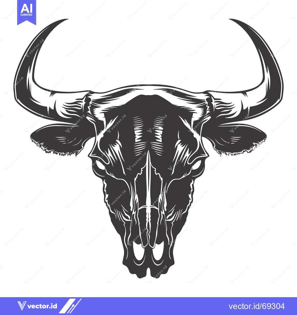 Premium Vector of Detailed Black and White Bull Skull Illustration
